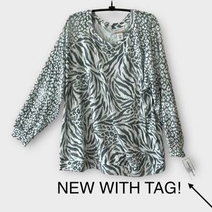 🆕 Alfred Dunner gray/white multi-print, long sleeves, pullover top size: 1X